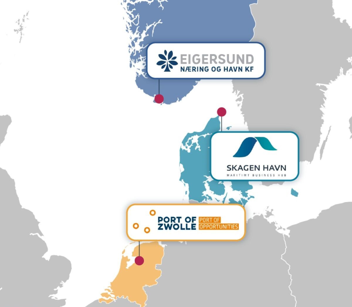 Map indicating the locations of the three North-Sea ports that are used as case studies in this research; the ports of Eigersund (NO), Skagen (DK) and Zwolle (NL).