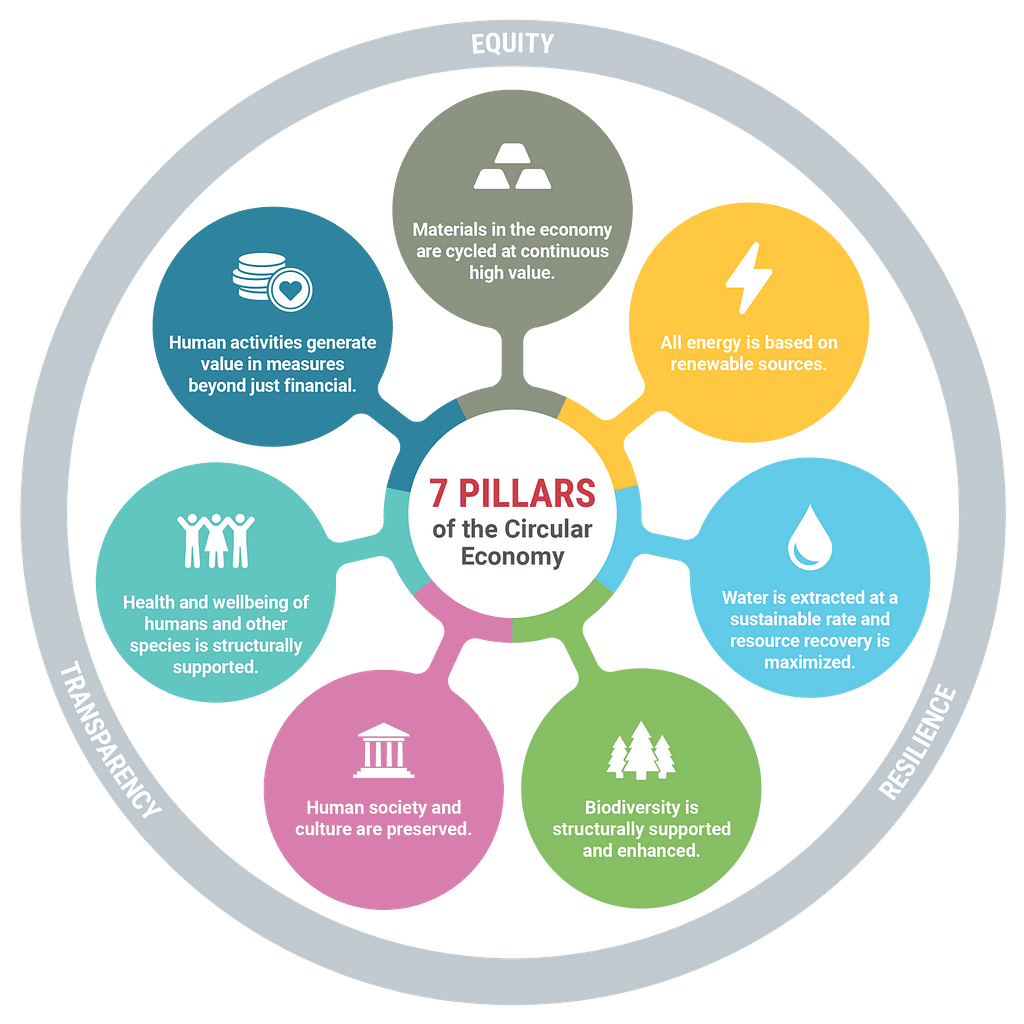 graphic of the 7 pillars of the circular economy, which allows a thorough evaluation of what is and is not circular.